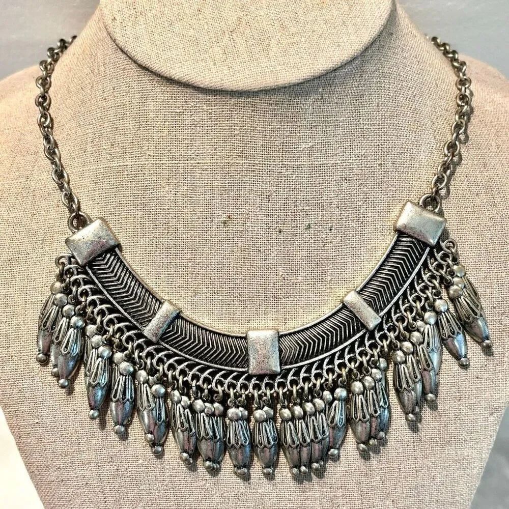 Vintage Zara Cable Chain Metal Fringe Boho Bib Adjustable Necklace Silvertone OS